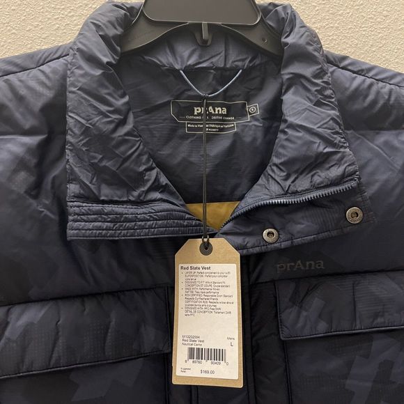 PrAna Down Puffer Vest Men Sz L Navy Blue Camo Red Slate Sleeveless Jacket $169 - Picture 3 of 11